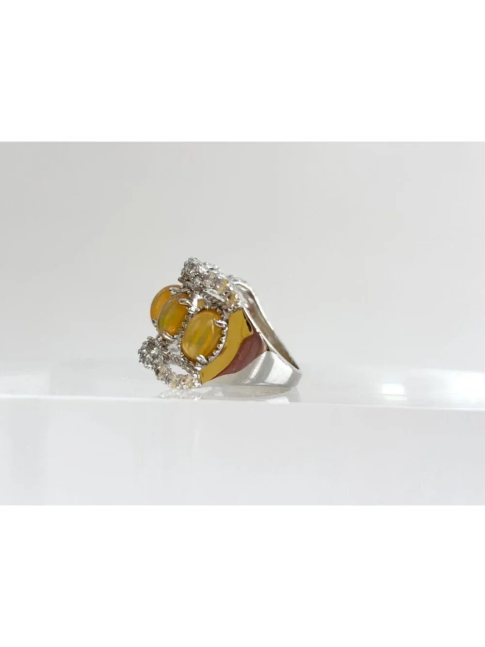 Ethiopian Opal Stone Row Set Scalloped Sterling Silver 925 Vintage Ring - sz 8